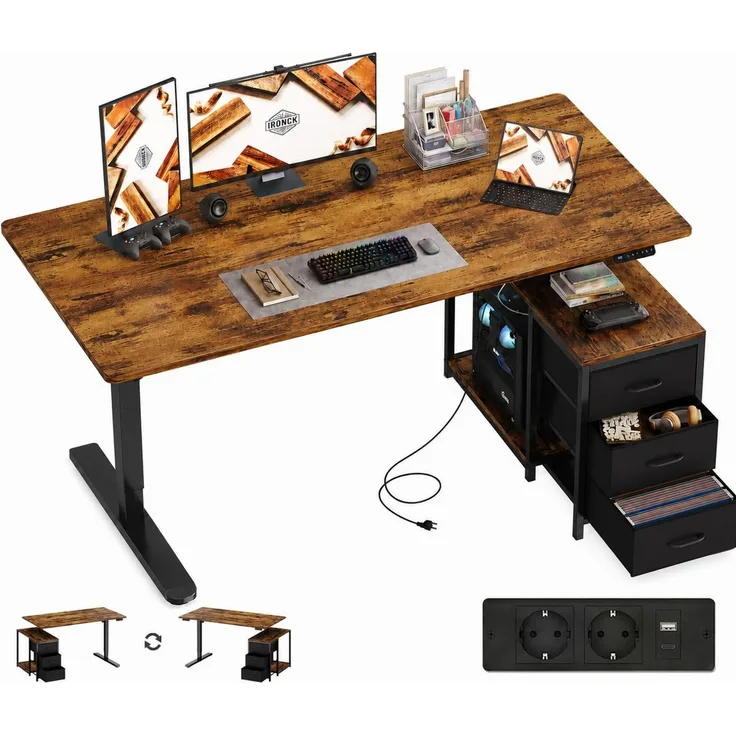 IRONCK Höhenverstellbarer Schreibtisch 160x80 cm mit Steckdose, 3 Schubladen | Elektrisch Computertisch, USB-C Anschluss, Reversibel Stehpult, Stufenlos verstellbar, Memory-Funktion, Stehtisch Büro Braun