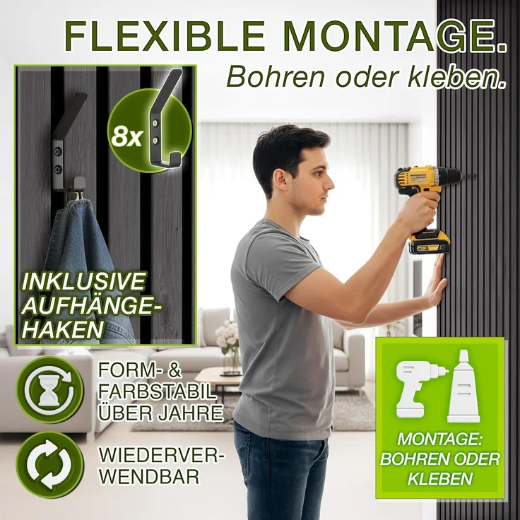 TRESKO® 4 Stück Akustikpaneele Holz 120×60 cm inkl. 8x Kleiderhaken | Wandverkleidung Eiche Eiche Anthrazit als 3D Lamellenwand | Holzpaneele Paneele für Schallschutz | Akustik Wandpaneele mit Montageset – Bild 5