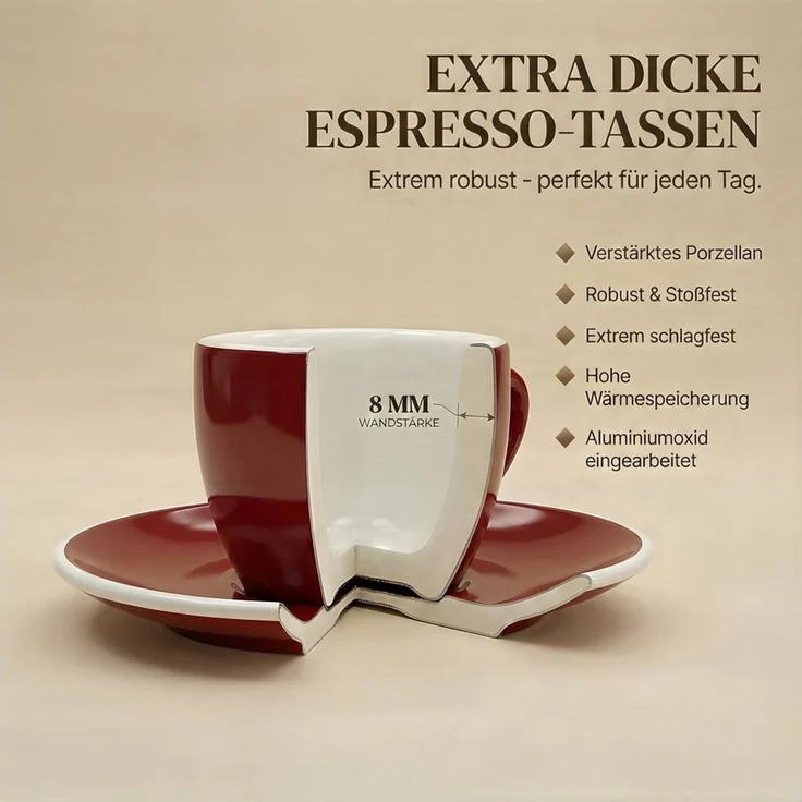 MUVELL Espressotasse 6x Espressotassen & Untertassen Set 0,8 cm dickwandig, rot, 6-tlg, Keramik, 60 ml rot mit weißen Rand und Innenfläche – Bild 3
