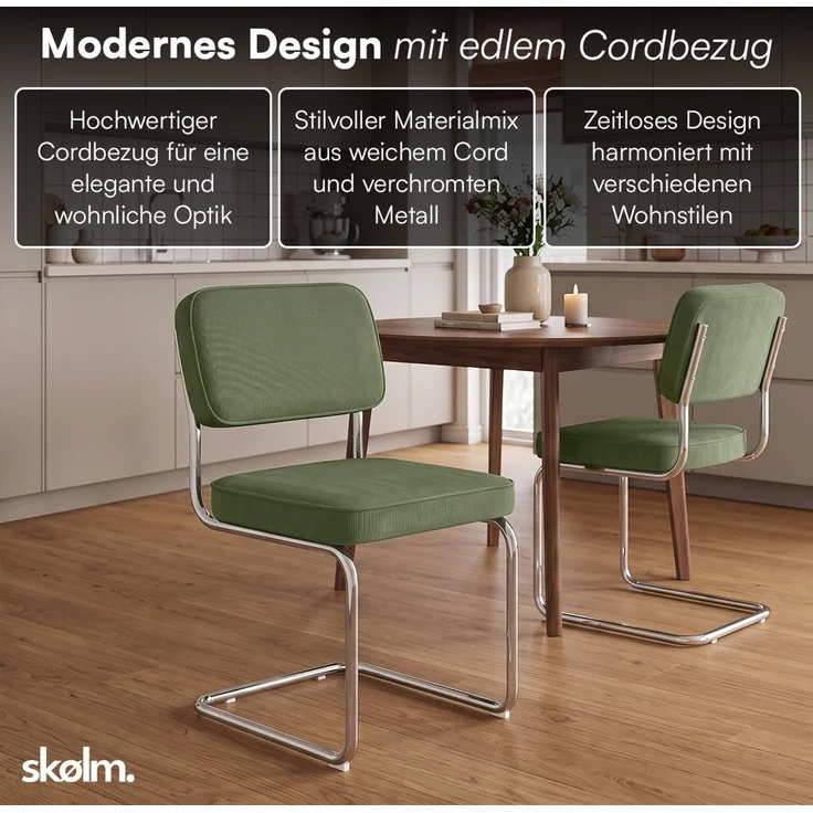 skølm 'Thund' Esszimmerstühle 6er Set, dunkelgrün, Polsterstuhl aus Cord mit verchromten Metallgestell, Schwingstuhl bis 120 kg belastbar – Bild 2