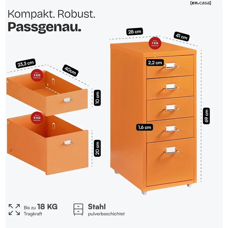 Rollcontainer Kökar mit 5 Schubladen 69x28x41 cm Orange [en. casa] – Bild 2