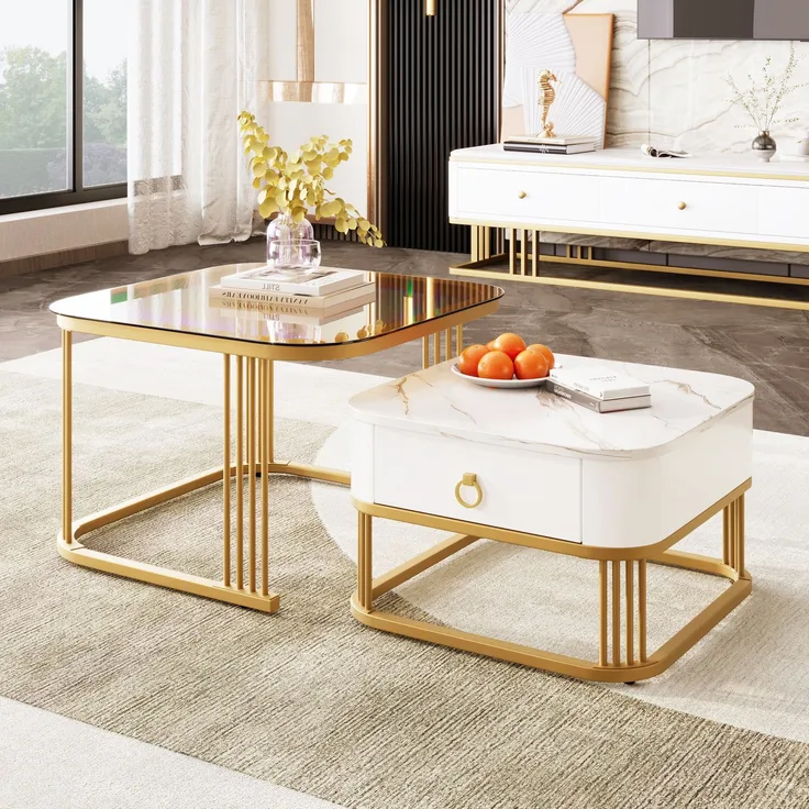 Couchtisch set 60×60+50×50 cm Hochglanz Marmoroptik Weiß und Gold und Teebraun,Kaffeetisch mit Schublade
