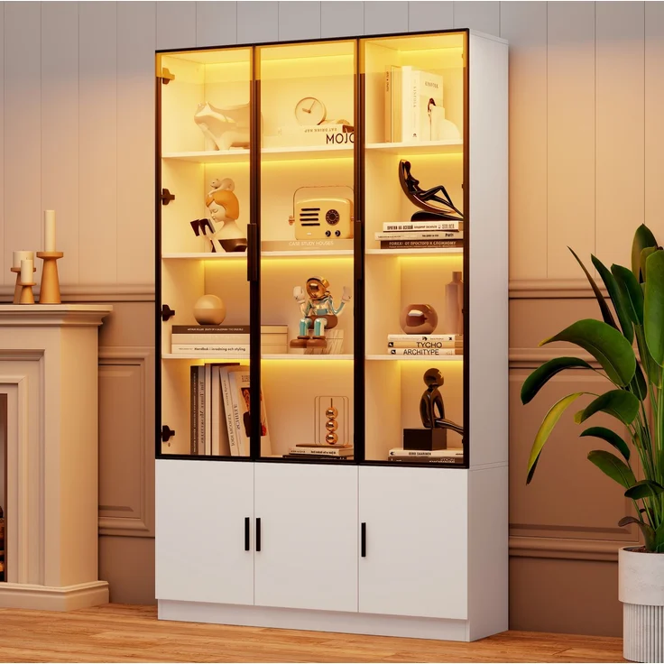 DESVIAE Vitrine mit 6 Glastüren und LED-Beleuchtung 120x200x32 cm MDF Weiß – Bild 3
