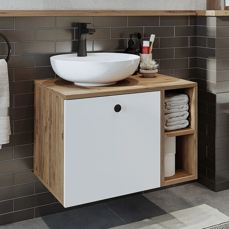 Roomart LOTUS-I-65 Badmöbel Set– 2-teiliges Badezimmermöbel Set - Waschbecken mit Unterschrank - H 45 x B 45 x T 65 cm • Weiß-Eiche