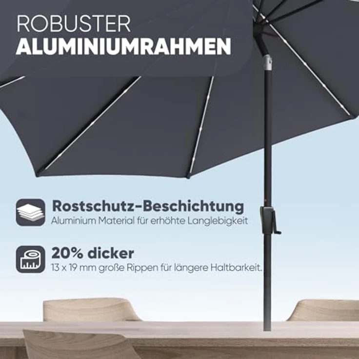 Sekey Solar-LED Sonnenschirm 330cm mit 40 LED, Windfester Gartenschirm UV 50+, Alu-Sonnenschirm mit Kurbel für Terrasse Balkon Garten – Bild 5