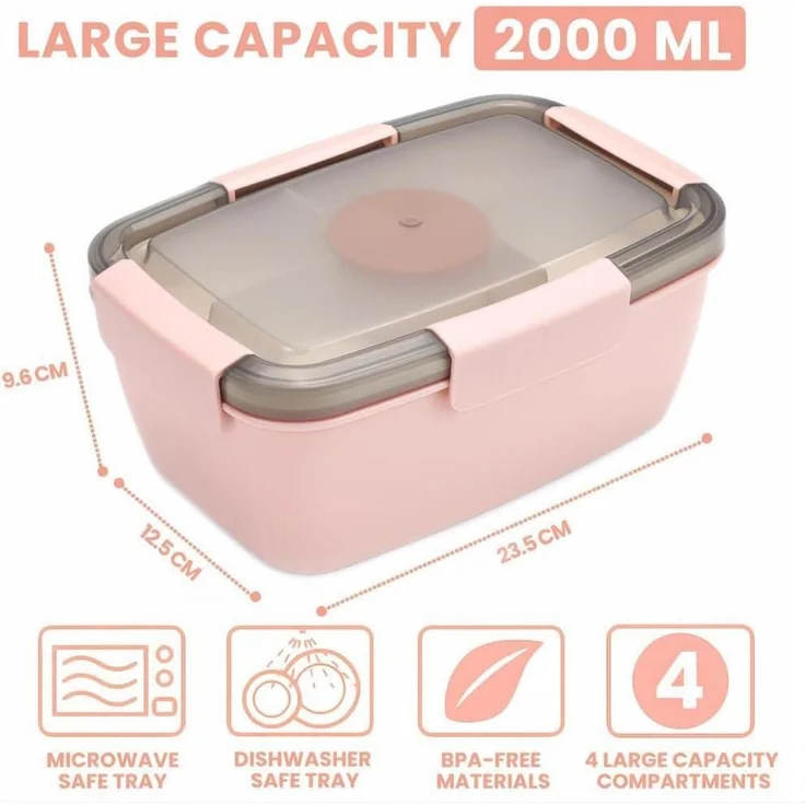 Lunchbox Brotdose Bento Auslaufsicher Fächer 2000ml dunkelrosa – Bild 3