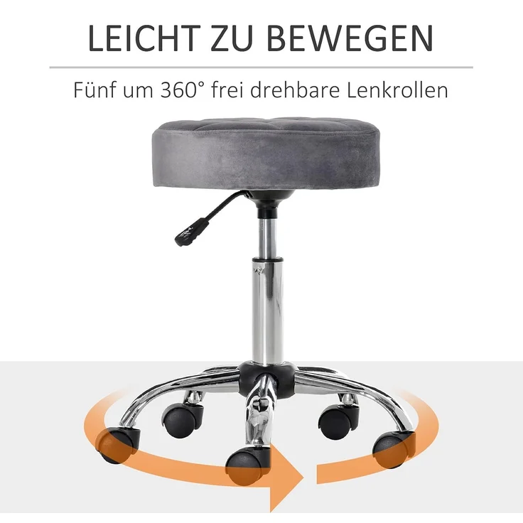 HOMCOM Rollsitz höhenverstellbarer Salonstuhl mit Rädern (Drehhocker, 1 St, Rollhocker), Hellgrau Ø35 x 49-61 cm – Bild 6