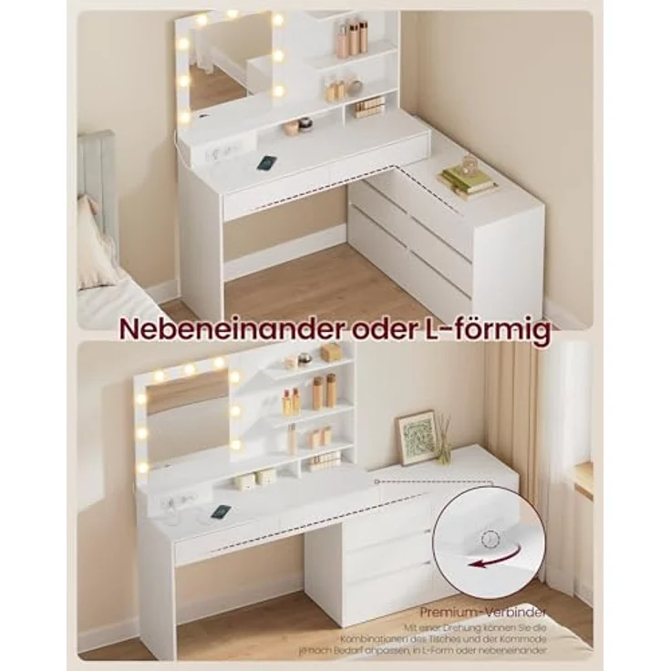 VASAGLE Schminktisch mit Beleuchtung und Hocker Set | Kosmetiktisch in L-Form mit 8 Schubladen und Steckdose, für Schlafzimmer, KAILYN Kollektion RDT140WB01-02 – Bild 4