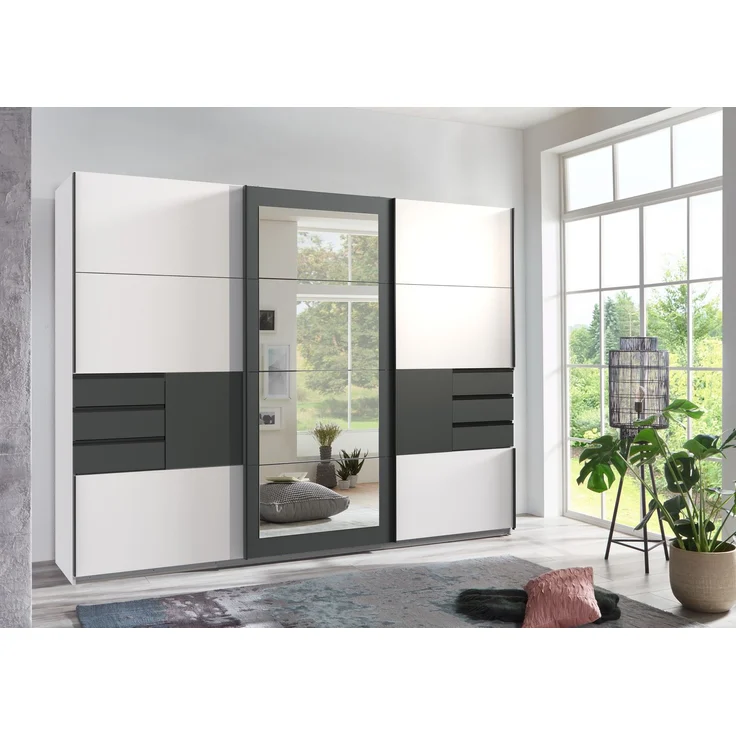 Schwebetürenschrank Kleiderschrank 270 cm 3-türig Schubladen Spiegel Weiß Grafit – Bild 3
