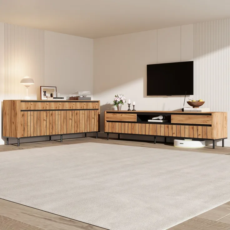 Merax Sideboard (160 x 40 x 73 cm) + viertüriger TV-Schrank (180 x 40 x 52 cm) in Naturholzfarbe mit schwarzen Akzenten, geeignet für einen 75-Zoll-Fernseher