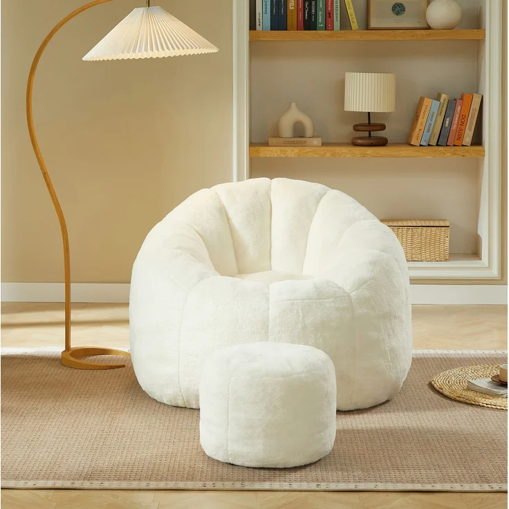 Sitzsack 105 x 105 x 70 cm in Blütenform mit Fußhocker – cremeweiß – Bild 3