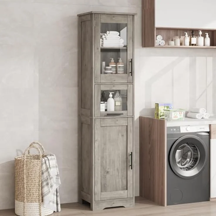 GarveeLife Badezimmerschrank Badschrank Hochschrank für Badezimmer Arbeitszimmer, Mehrzweckschrank Küchenschrank mit 2 Türen und 1 Schubladen Holz 40 x 31 x 170 cm, Grau – Bild 8
