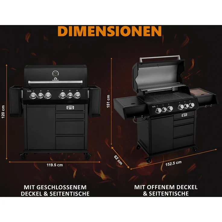 BURNHARD® 4-Brenner Gasgrill Edelstahl inkl. Heckbrenner, mit Gusseisen Grillrost & inkl. stabiler Abdeckhaube, Seitenkochfeld mit Infrarot Keramikbrenner, Schwarz - Big EARL - Schwarz - #946399 – Bild 2
