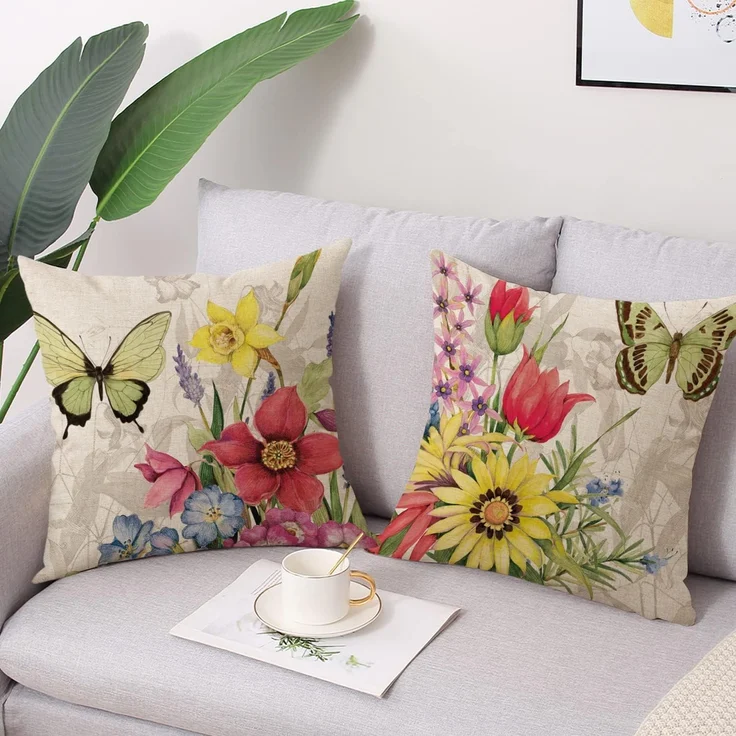 Kissenbezüge 45×45 cm 4er-Set Leinen Blumen Schmetterling, Frühling, Outdoor Couch – Bild 3