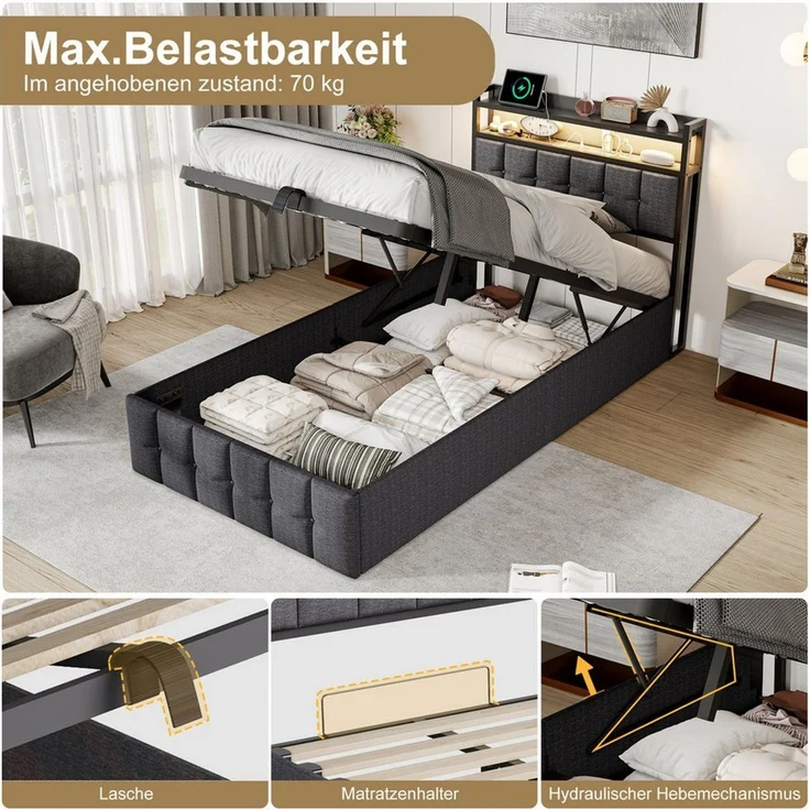 Simurq Stauraumbett Polsterbett 90x200 mit Stauraum, Einzelbett mit Gasdruckfeder (RGB LED, USB & Type-C Anschluss, Stauraum-Kopfteil), Stauraumbett, Bett mit Bettkasten, modernes Einzelbett – Bild 3