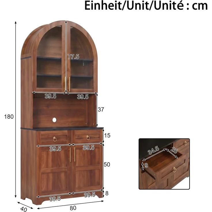 Sideboard 80 x 40 x 180 cm in Nussbaum mit Glasvitrine, Arbeitsfläche und LED-Beleuchtung – Bild 5