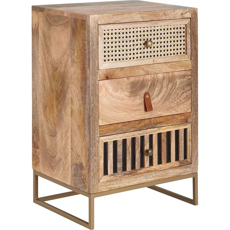 Nachttisch Mango Massivholz / Metall 40x60x30 cm Nachtschrank Boxspringbett, Design Nachtkonsole mit 3 Schubladen, Nachtkommode Wiener Geflecht mit Stauraum
