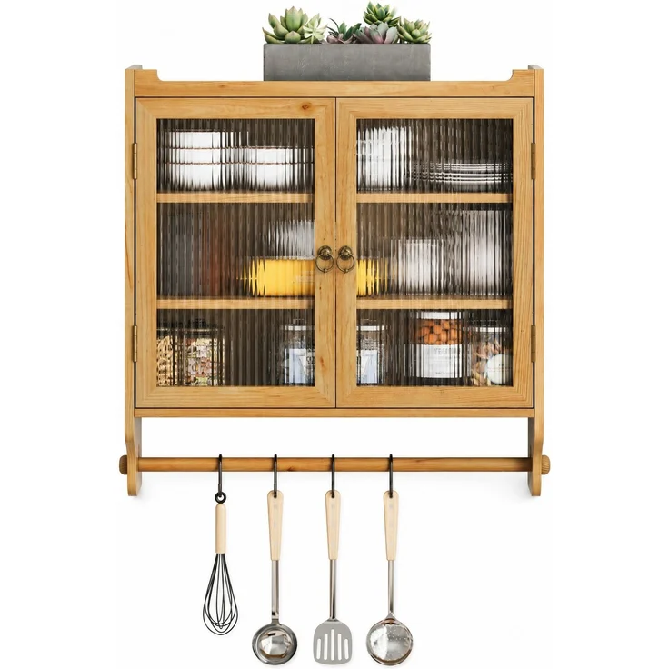 Wandschrank mit Glasfront, 3 Ablagen & Handtuchhalter, 63x18x60 cm, Natur – Bild 7