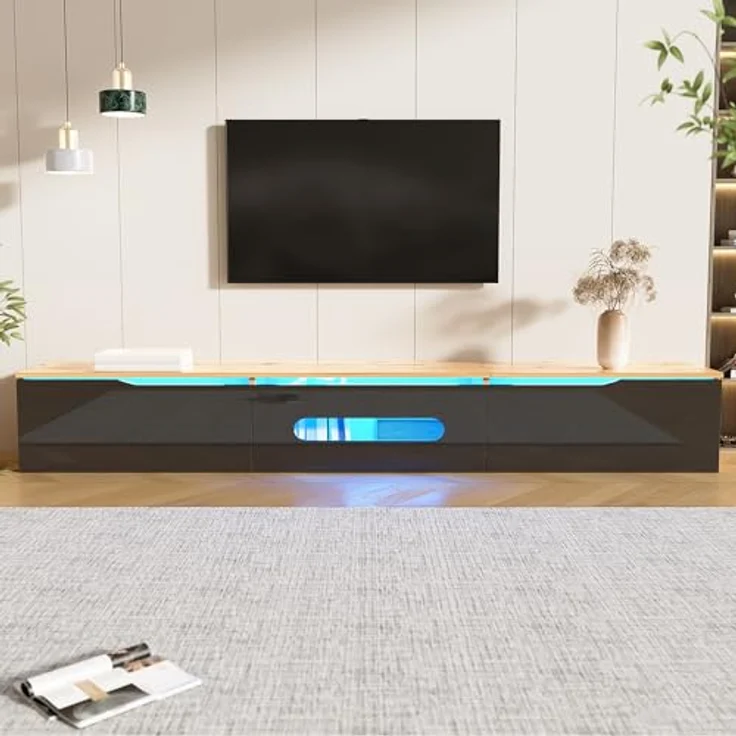 Ball & Cast TV Board Hängend & Stehend mit 3 Staufächern und integrierter Beleuchtung, 180 x 35 x 30 cm, Schwarz + Original Holzfarbe – Bild 2