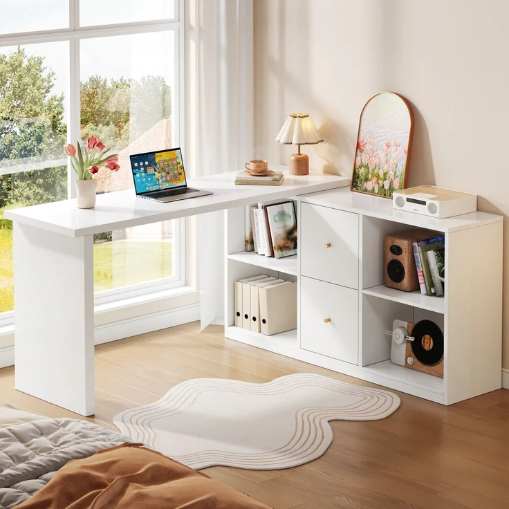 Eckschreibtisch 120x78x130 cm, weiß, beidseitig montierbar mit 2 Schubladen – Bild 2