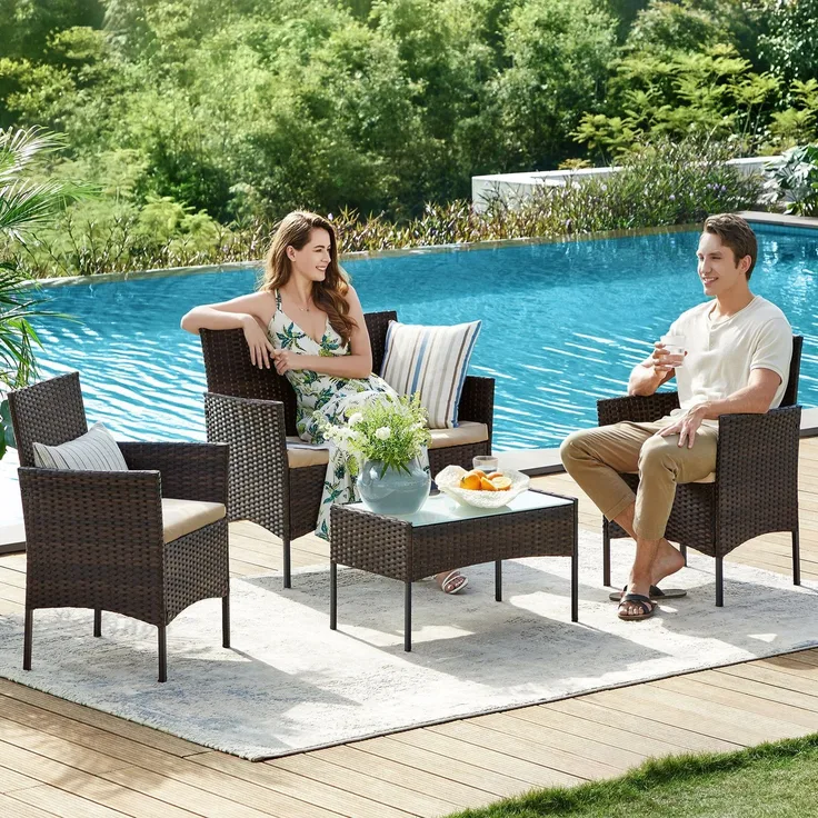 Songmics Gartenmöbel-Set mit Bank, Tisch & Stühle, Polyrattan, Braun / Taupe