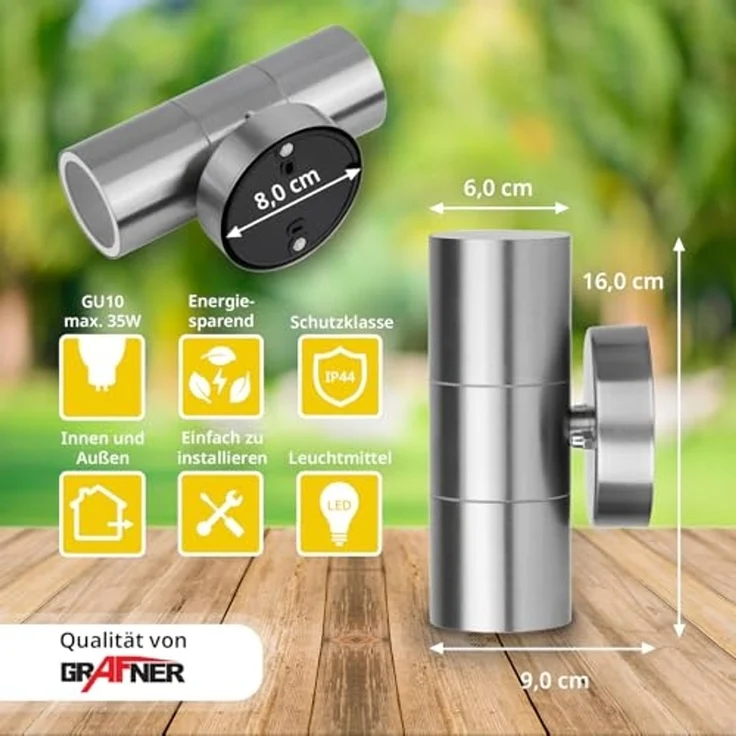 Grafner Außen-Wandleuchte Wandlampe Leuchte GU10 Edelstahl Lichtschein Up&Down, ohne Leuchtmittel, GU10 – Bild 4