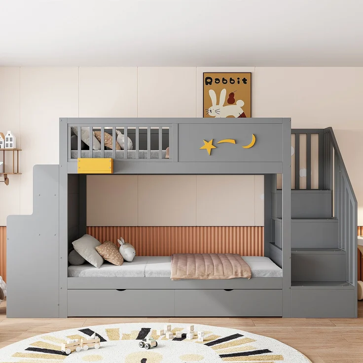Etagenbett für Kinder mit Aufbewahrungsschubladen, Sicherheitstreppe, Schreibtisch und Sternenmotiv – 90 x 200 cm Massivholzrahmen aus Kiefernholz, Grau – Bild 3