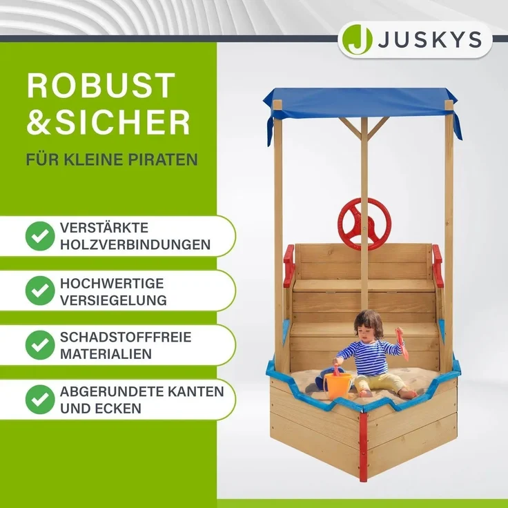 Juskys 'Käpt’n Pit Piratenschiff' Sandkasten mit Dach & Sitzbank, Holz natur, 70 x 160 x 120 cm – Bild 4