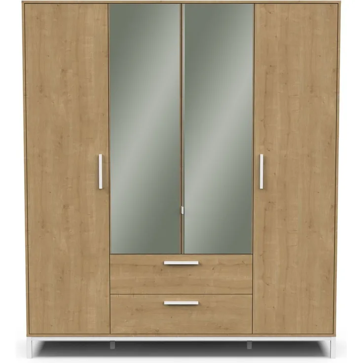Calicosy Kleiderschrank 4 Drehtüren, 2 Spiegel und 2 Schubladen Eiche- und Weißdekor matt H220 cm - CRAFT - Helles Holz