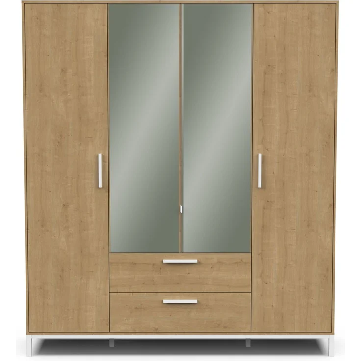 Calicosy Kleiderschrank 4 Drehtüren, 2 Spiegel und 2 Schubladen Eiche- und Weißdekor matt H220 cm - CRAFT - Helles Holz – Bild 1