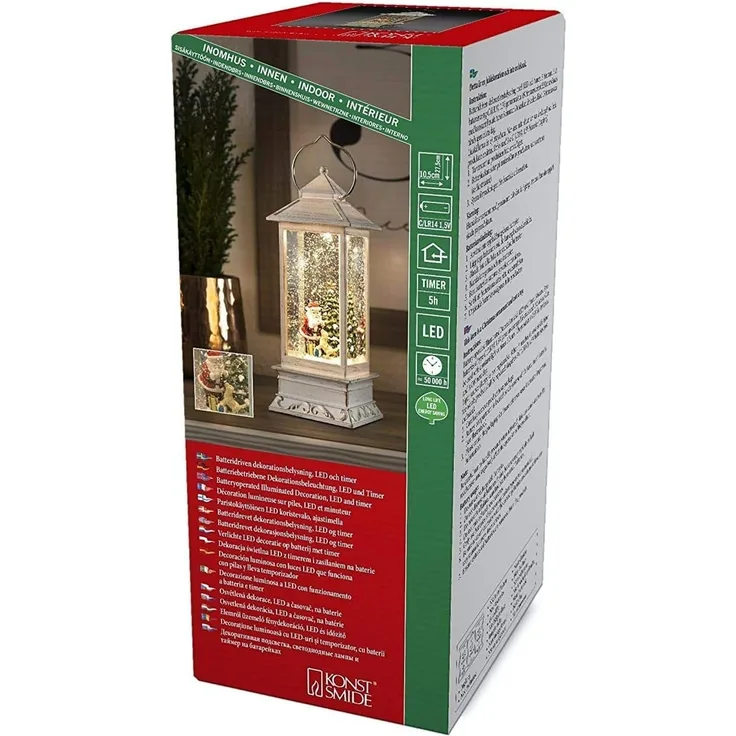 LED Schneelaterne Weihnachtsmann/Hund - 1 warmweiße LED - Timer - Batterie - Innen - vintage - weiß