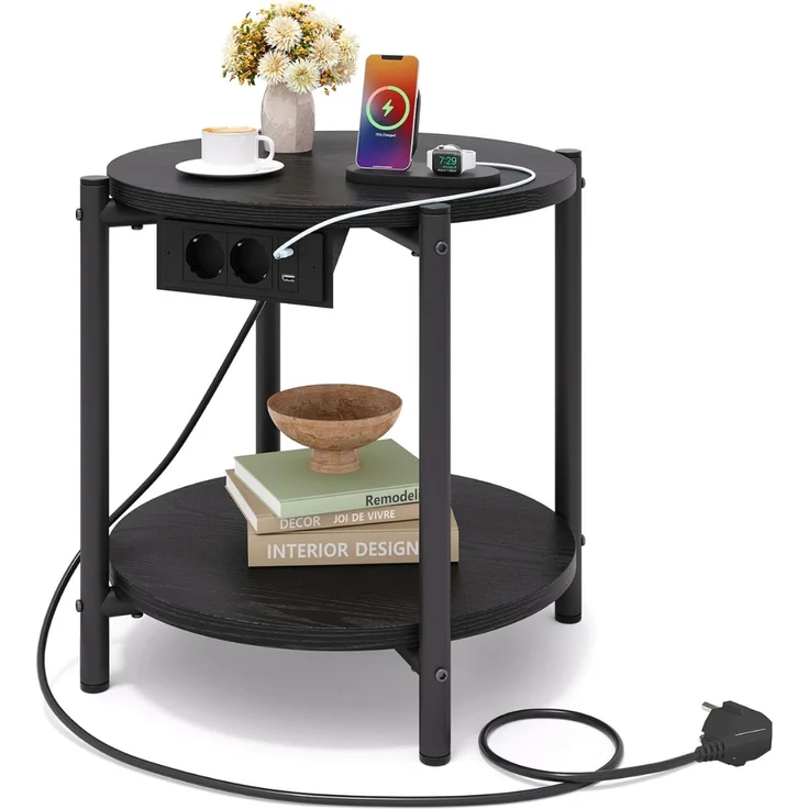 IRONCK Beistelltisch rund, Couchtisch mit Steckdose, Kleiner Tisch Holz, Wohnzimmertisch 2 Ablagen,Sofatisch,USB & Type-C-Anschluss, Metallrahmen, Nachttisch für Schlafzimmer (Schwarz, 1 Stück) – Bild 1