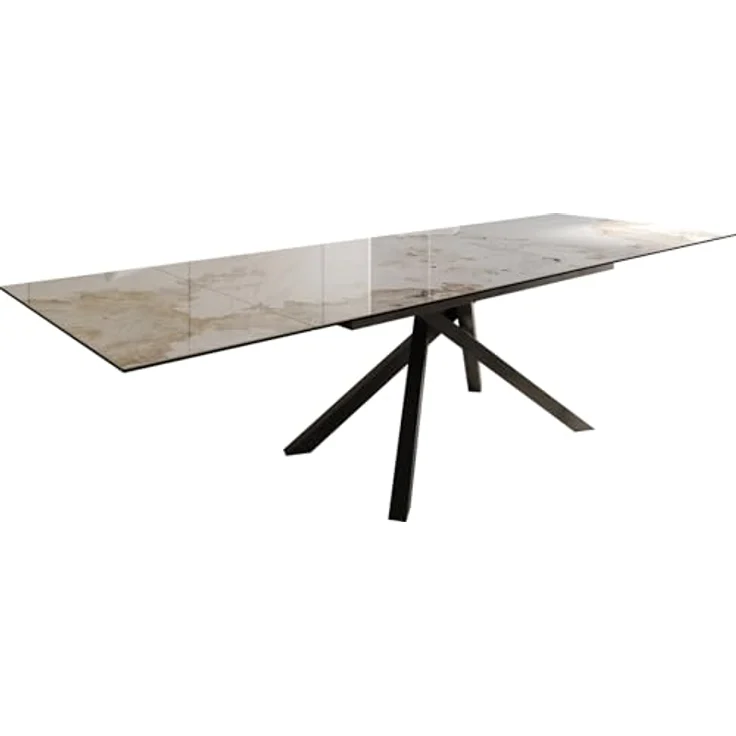 Esstisch Edge 200-300x100 Keramik Minas Melange Weiß-Beige Kreuzgestell Rechteck Schwarz ausziehbar – Bild 2