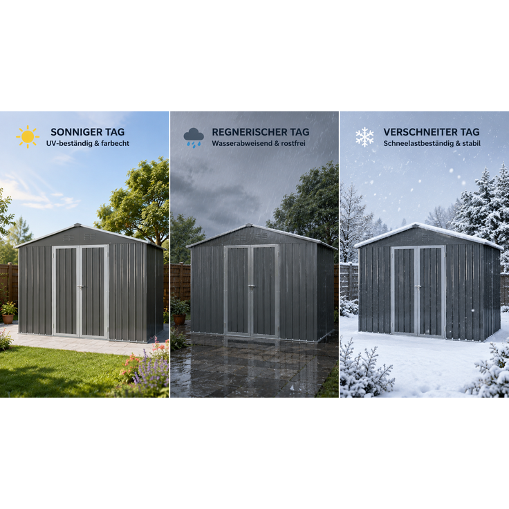 ZUBALIYA Metall-Gartenschuppen 10x8 ft mit Spitzdach in Grau als Außenlager. Der Schuppen ist mit einem integrierten Bodenrahmen ausgestattet. Grundfläche: 7,46 m² – Bild 10