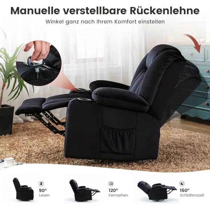 COMHOMA Manueller Drehbarer Relaxsessel für Erwachsene mit Verstellbarer Rückenlehne und Fußstütze, 360° Lounge Sessel für Wohnzimmer, Weicher Stoff, Ergonomisch, Schwarz – Bild 6