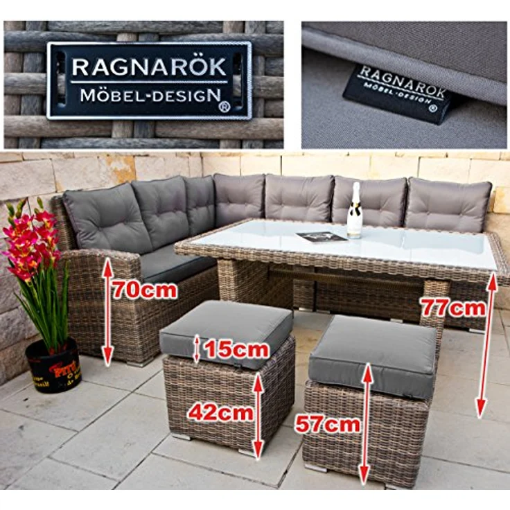 Ragnarök Möbel-Design Gartenlounge-Set Dining Lounge Wieland L, (Set, Ecksofa + Tisch + Hocker, Polyrattan, inkl. aller Polster), Rostfrei, mit Staufächern, 10 Jahre Garantie, wird montiert geliefert – Bild 3