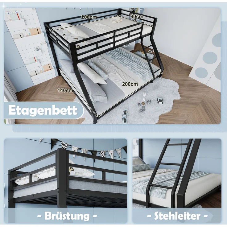 Merax Etagenbett Metallbett 90x200cm+140x200cm mit Schrägleiter und Geländer, Schwarz – Bild 6