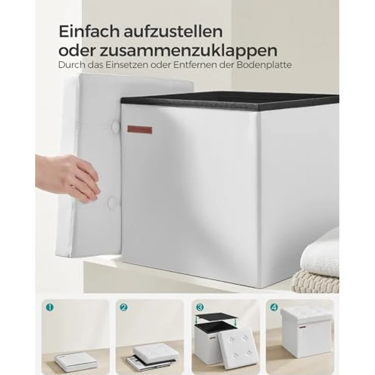 Songmics Sitzhocker 38 cm, Aufbewahrungsbox faltbar, Fußhocker mit Deckel, aus Kunstleder, bis 300 kg belastbar, für Eingang, Wohnzimmer, Schlafzimmer, wolkenweiß LSF030W11 – Bild 7