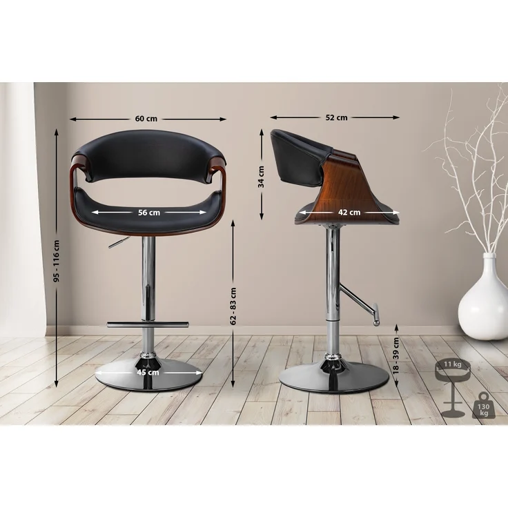 Barhocker GASEN - Kunstleder Walnuss/schwarz 60x52x95 cm | Barstuhl Höhenverstellbar Mit Lehne Drehbar Tresenhocker Tresenstuhl Kneipenhocker – Bild 2