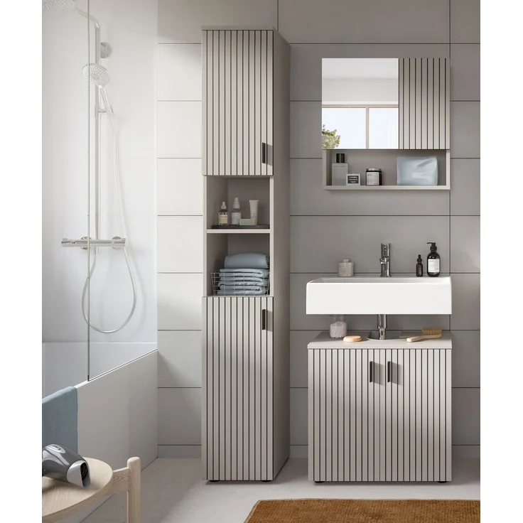 xonox. home – Badkombination Mone 105 x 192 x 30 cm in Kaschmir Nachbildung – 3-teiliges Set bestehend aus Badschrank, Unterschrank & Spiegelschrank – Zeitloses Design für EIN harmonisches Badezimmer – Bild 6