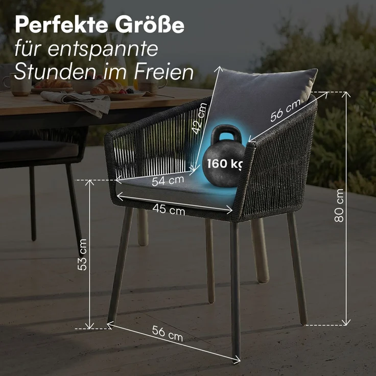 STEELSØN 'Nair' Polyrattan Gartenstuhl, 4er-Set, schwarz, wetterfest & UV-beständig, Balkonstühle bis 160 kg belastbar, Gartensessel inkl. Kissen – Bild 9