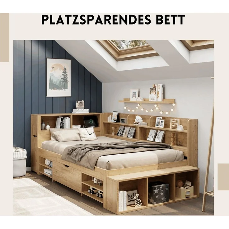 SeedWave Holzbett Tagesbett mit USB- / Kabelloser-Ladefunktion, Nachttisch, 90/140×200cm, Stauraumbett mit 1× Rollenschublade, Staufächern – Bild 2
