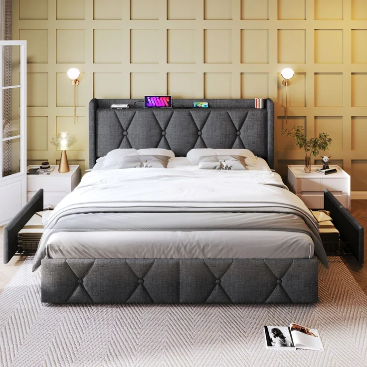 Polsterbett 140×200 cm aus Leinen-Stoff mit USB-Anschluss, vier Schubladen und Matratze, grau – Bild 3