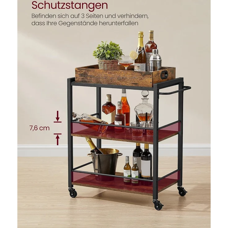 Vasagle Servierwagen mit abnehmbarem Tablett, feststellbarer Küchenwagen mit Universalrollen, Küchenregal, 65 x 40 x 86 cm, stabiles Metallgestell, Industrie-Design, Vintage, dunkelbraun von Songmics LRC72X – Bild 7