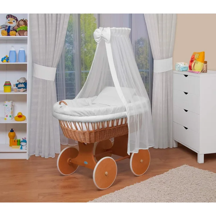 WALDIN Baby Stubenwagen-Set mit Ausstattung, Gestell/Räder natur lackiert, Ausstattung weiß