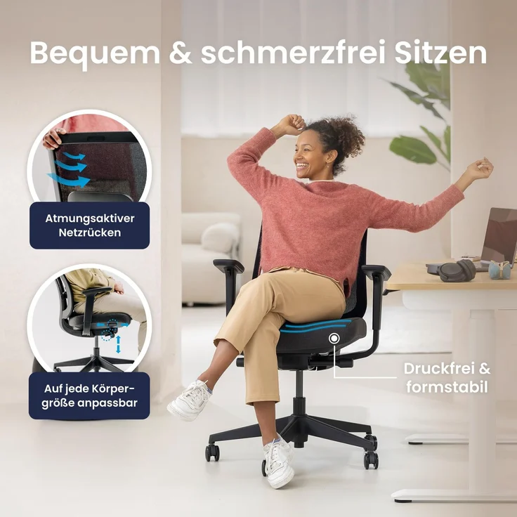 Ergotopia 'PureBack' ergonomischer Bürostuhl mit Lordosenstütze & 4D-Armlehne, Schwarz, mit Kopfstütze – Bild 2