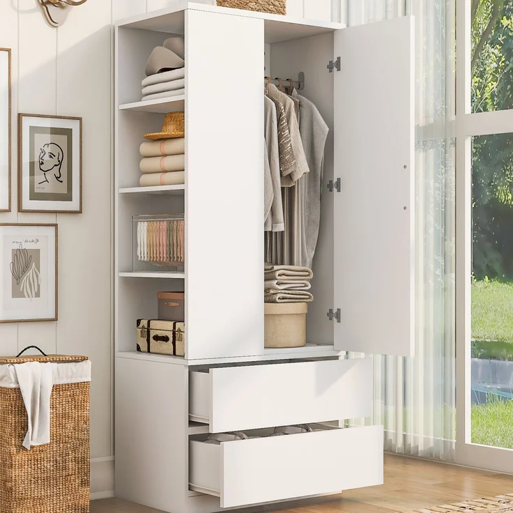 Kleiderschrank 70 x 50 x 175 cm in Weiß mit Kleiderstange, offenen Fächern und 2 Schubladen – Bild 3