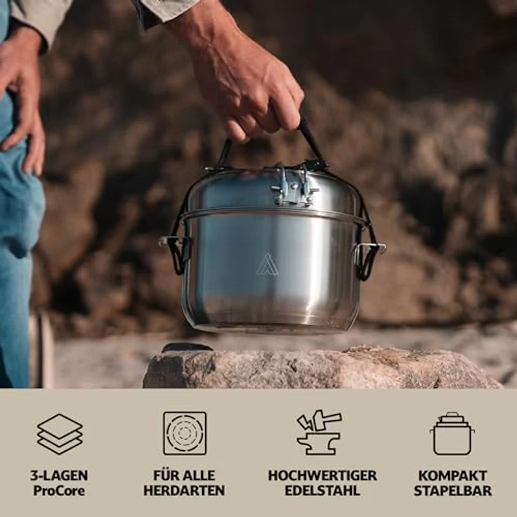 Campo Libre.® Enzo I Camping Kochgeschirr Set aus Edelstahl, induktionsgeeignet, 6-teilig mit Pfanne, Töpfen und Dämpfkörbchen, stapelbar – Bild 3