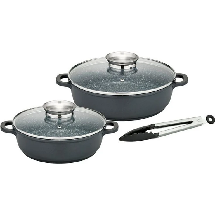 GSW Pfannen-Set Gourmet Granit, Aluminiumguss (Set, 5-tlg, 1x Servierpfanne mit Glasdeckel 24cm, 28cm, Servierzange), Aluminium-Guss, VITAFLON® GRANIT Antihaft-Versiegelung, Induktion – Bild 4