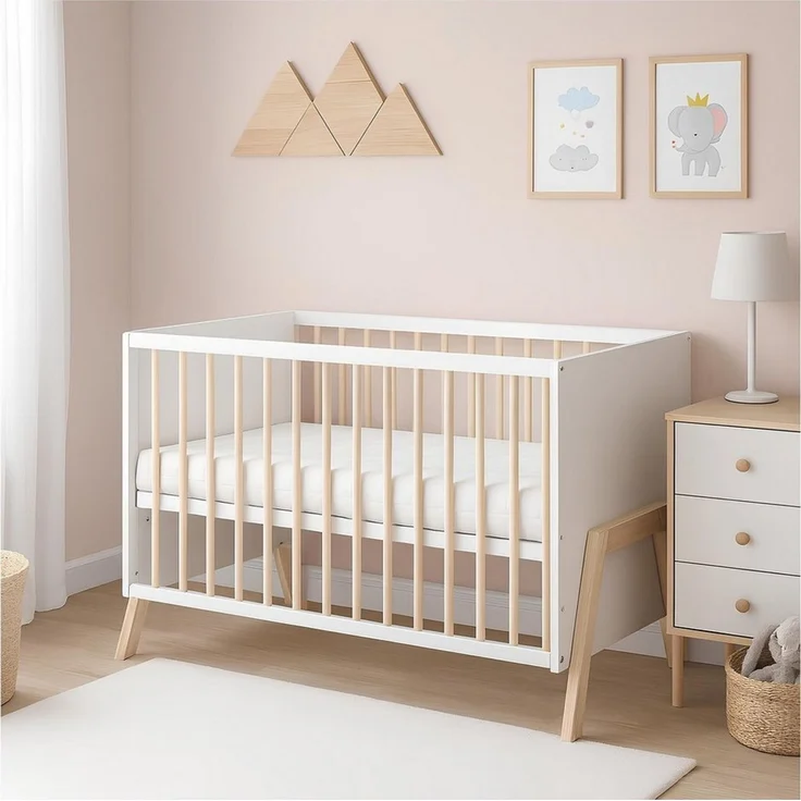 Baby-Delux Babybett Juna Weiß Kiefernholz Schutzgitter, Kinderbett 60x120 weiß Kiefer Matratze – Bild 2